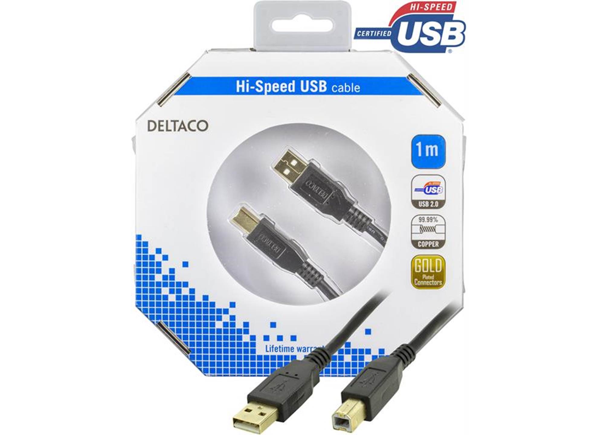 USB 2.0 kabel Typ A hane - Typ B hane 1m guldpläterad kontakt